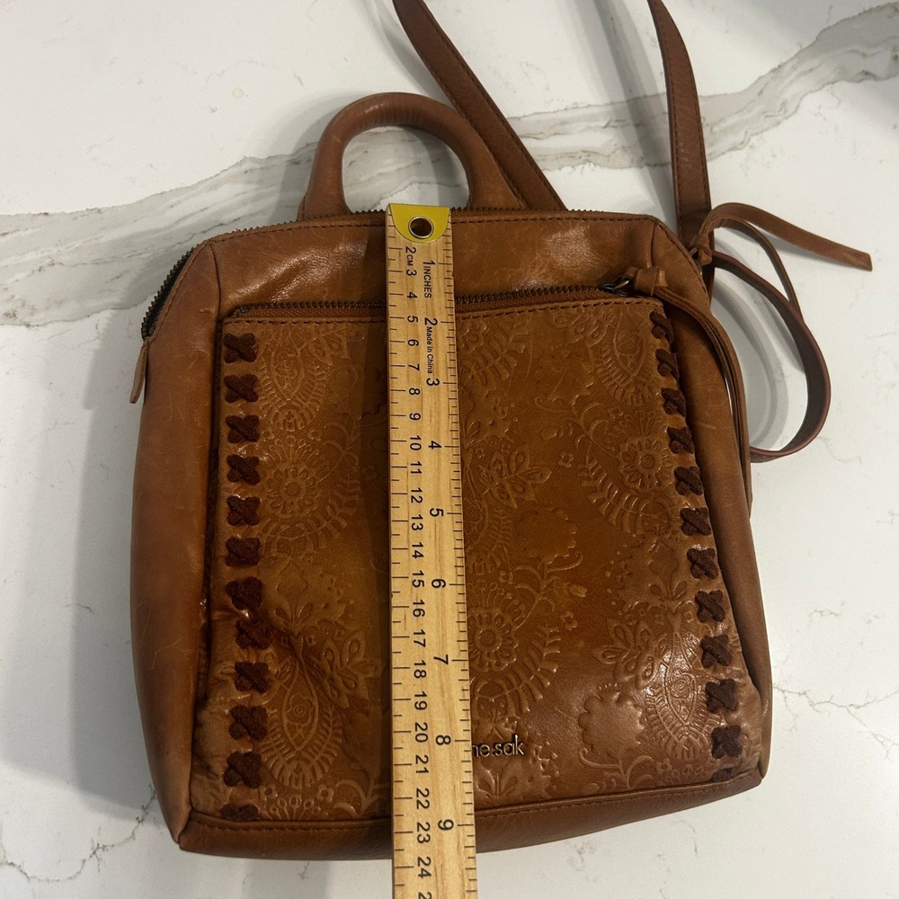 The Sak Crossbody Backpack Cognac Leather Floral Embossed Boho Western Bag - Picture 10 of 11